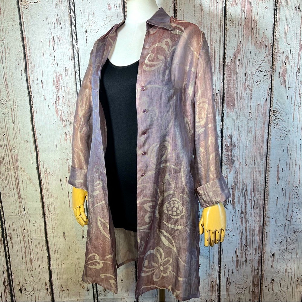 Vintage Redwood Court 100% Silk Long Floral Button Down Tunic Blouse Jacket SZ 8